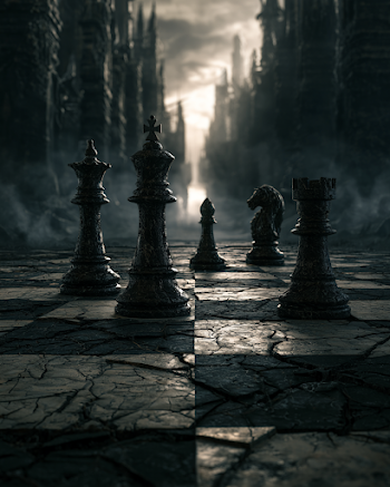 Dramatic Chessboard Scene with Cracked Surface