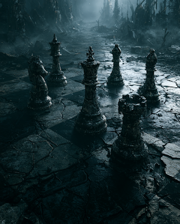 Dramatic Chessboard with Giant Pieces