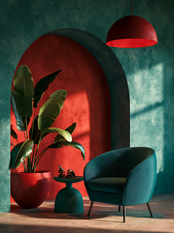 Dramatic Interior with Green and Red Contrast
