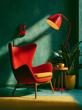 Dramatic Red and Green Interior with Modern Chair