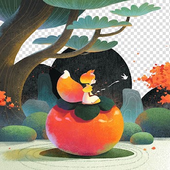 Drawing Digital art Illustration, The fox on the persimmon transparent background PNG clipart