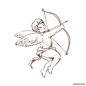 Drawing of adorable Cupid with bow aiming or shooting arrow isolated on white background
