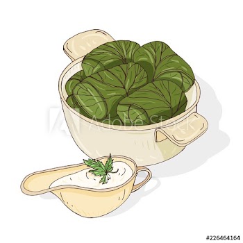 Drawing of dolma in bowl and sauce in gravy boat