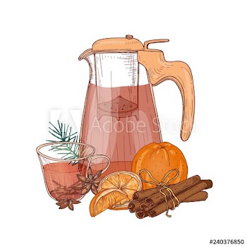 Drawing of glass pitcher with strainer, cup of winter fruit tea, fresh orange, cinnamon and star anise isolated on white background