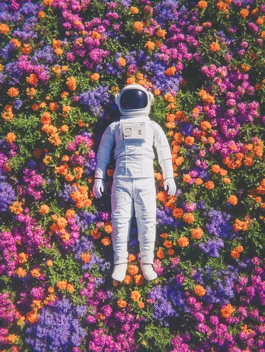 Dreamy Astronaut Among Colorful Flowers Dreamy Astronaut Among Colorful Flowers