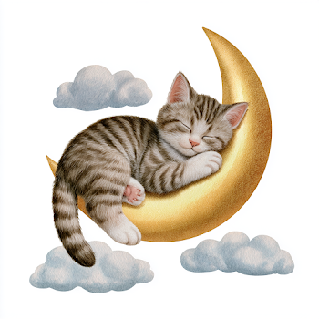 Dreamy Tabby Cat on Crescent Moon