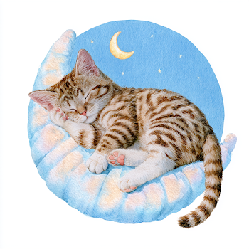 Dreamy Tabby Cat on Crescent Moon