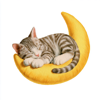 Dreamy Tabby Cat Sleeping on a Crescent Moon