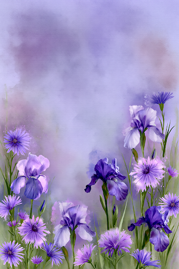 Dreamy Watercolor Floral Scene with Violet Irises and Lilac Asters