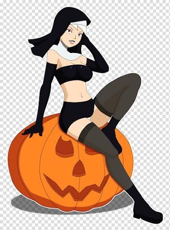 Drew Halloween, girl cartoon character sitting on pumpkin illustration transparent background PNG clipart