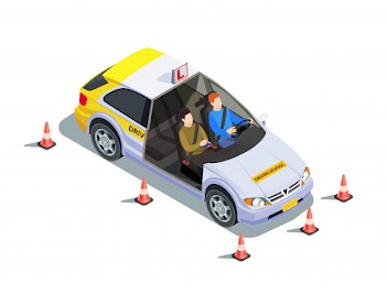 Driving school isometric composition with images of instructor and learner in car surrounded by safety cones illustration Free Vector