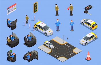 Driving school isometric icons collection of car simulators driver license and human characters with safety cone illustration Free Vector