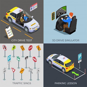 Driving school with compositions of traffic signs drive simulators cars illustration Free Vector