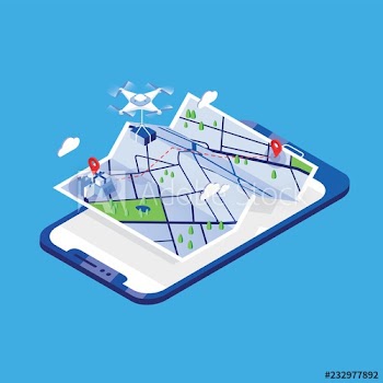 Drone carrying parcel and flying above paper city map and giant mobile phone