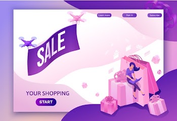 Drone flying with poster, isometric sale design, online offer concept for ecommerce discount campaign, cyber monday or black friday landing page template, 3d vector illustration with people