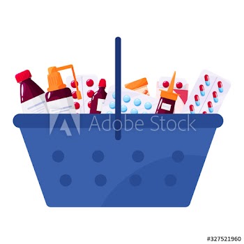 Drug and pill for disease treatment in big shopping basket