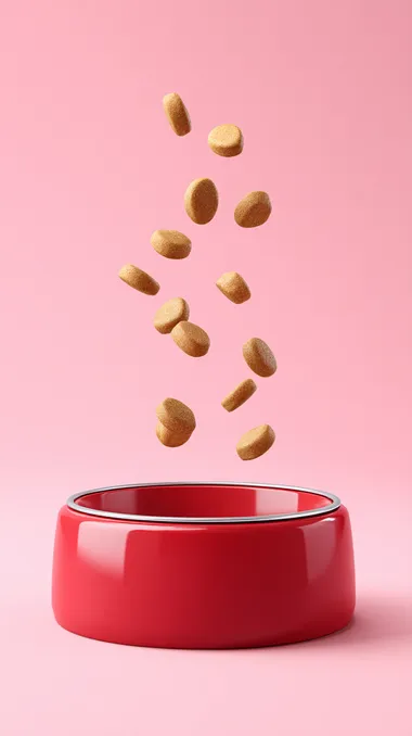 Dry Dog Food Falling into Red Ceramic Bowl Dry Dog Food Falling into Red Ceramic Bowl