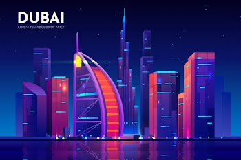 Dubai city with burj al arab hotel skyline, uae Free Vector