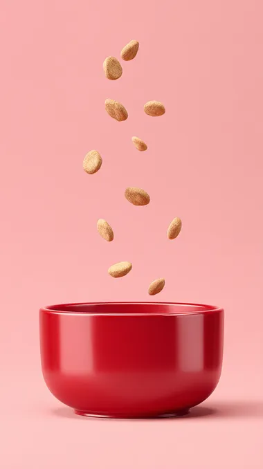 Dynamic Dry Dog Food Pouring into a Glossy Red Bowl Dynamic Dry Dog Food Pouring into a Glossy Red Bowl