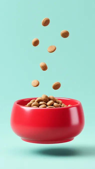 Dynamic Pour of Dry Dog Food into a Red Ceramic Bowl Dynamic Pour of Dry Dog Food into a Red Ceramic Bowl