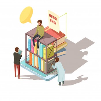 E-learning isometric composition with students near shelves with books on mobile device screen Free Vector