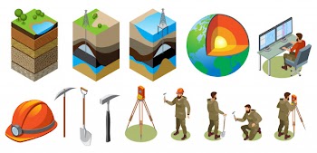 Earth exploration isometric structure of globe soil layers scientific laboratory geological tools Free Vector
