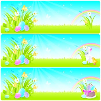 Easter banner set with spring flowers and rainbow - Illustration