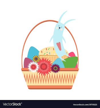 Easter bunny in a wicker basket with colored eggs vector image
