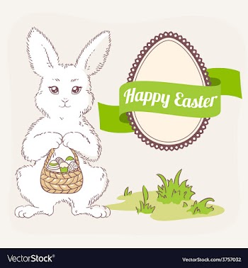 Easter bunny with basket egg label and ribbon vector image