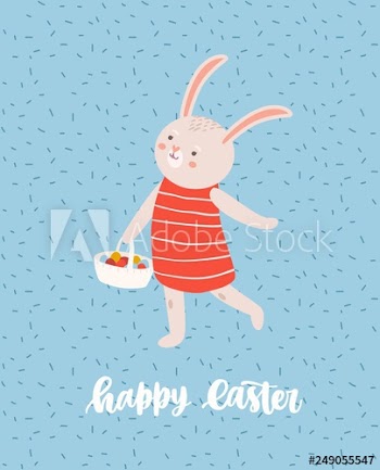 Easter greeting card template with cute bunny or rabbit walking and carrying basket full of decorated eggs and holiday lettering handwritten with cursive font