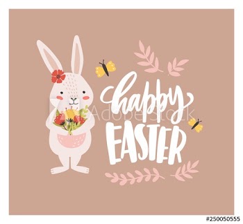 Easter greeting card template with funny adorable bunny or rabbit holding bouquet of gorgeous spring flowers and holiday wish handwritten with cursive font
