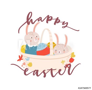 Easter greeting card template with pair of adorable bunnies or rabbits hiding in basket full of decorated eggs and holiday lettering handwritten with cursive font