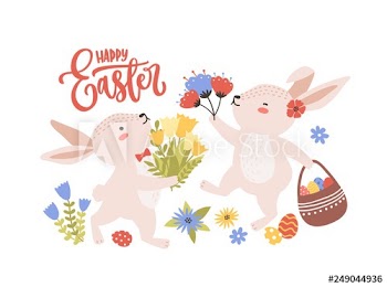 Easter greeting card template with pair of cute funny bunnies or rabbits collecting spring flowers and eggs and holiday lettering handwritten with cursive font