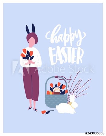 Easter greeting card template with wish handwritten with elegant calligraphic font and woman with bunny ears holding spring flowers and basket with holiday gifts