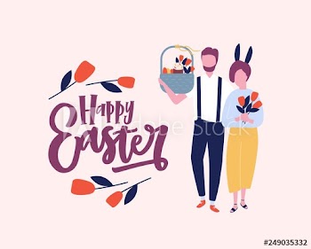 Easter postcard or greeting card template with lettering handwritten with cursive calligraphic font and adorable couple carrying eggs and spring flowers