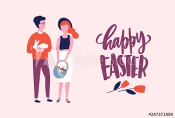 Easter postcard or greeting card template with wish handwritten with cursive calligraphic font and cute couple holding bunny