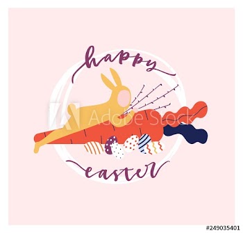 Easter postcard template with holiday wish handwritten with calligraphic script and man dressed in rabbit costume and embracing giant carrot, eggs, pussy willow