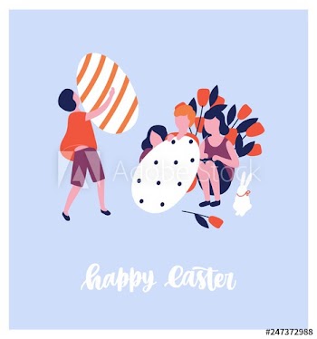 Easter postcard template with wish handwritten with cursive calligraphic font and cute people carrying and holding giant decorated eggs