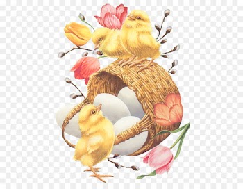 Easter Wish Party Greeting card Happiness - Easter Basket with Eggs Chickens and Tulips PNG Picture 