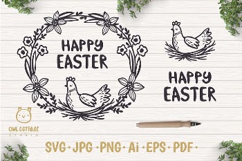 Easter Wreath with Hen svg, Easter Floral Monogram, Easter