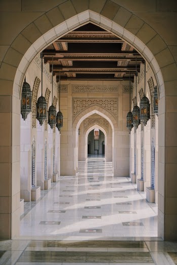 Eastern hallway of Sultan Qaboos Grand Mosque, Muscat, Sultanate of Oman