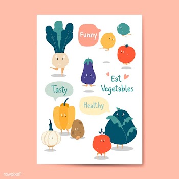 Eat vegetables cartoon stickers vector set | Free stock vector - 538608
