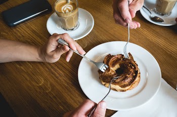Eating peanut butter cream puff 