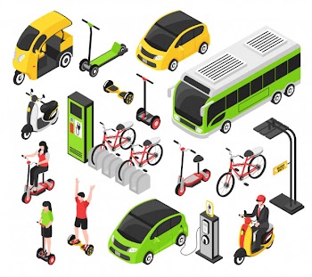 Eco transport isometric set with electric car scooter bicycle segway gyro isolated decorative icons Free Vector