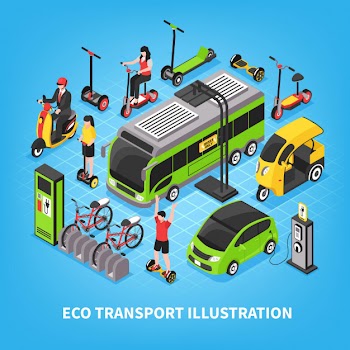 Eco transport isometric  with city bus electric cars bicycle parking people riding gyro and scooter Free Vector