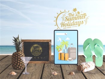 Editable tablet mockup with summer elements Free Psd