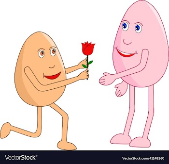 egg cartoon on knees giving a rose to valentine