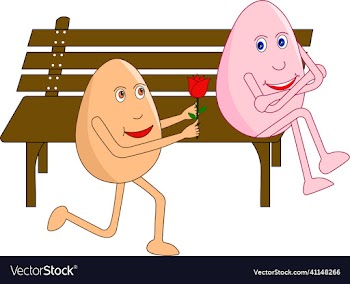 egg cartoon on knees giving rose to his valentine