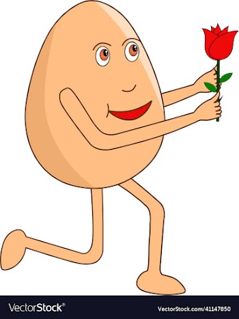 egg cartoon standing on knee and giving rose