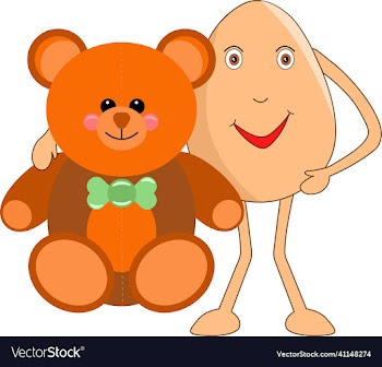 egg cartoon with a giant teddy in his hand